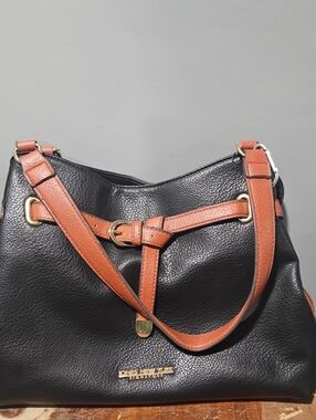 JONES NEW YORK SIGNATURE Black Shoulder Bag with Brown Strap Accents